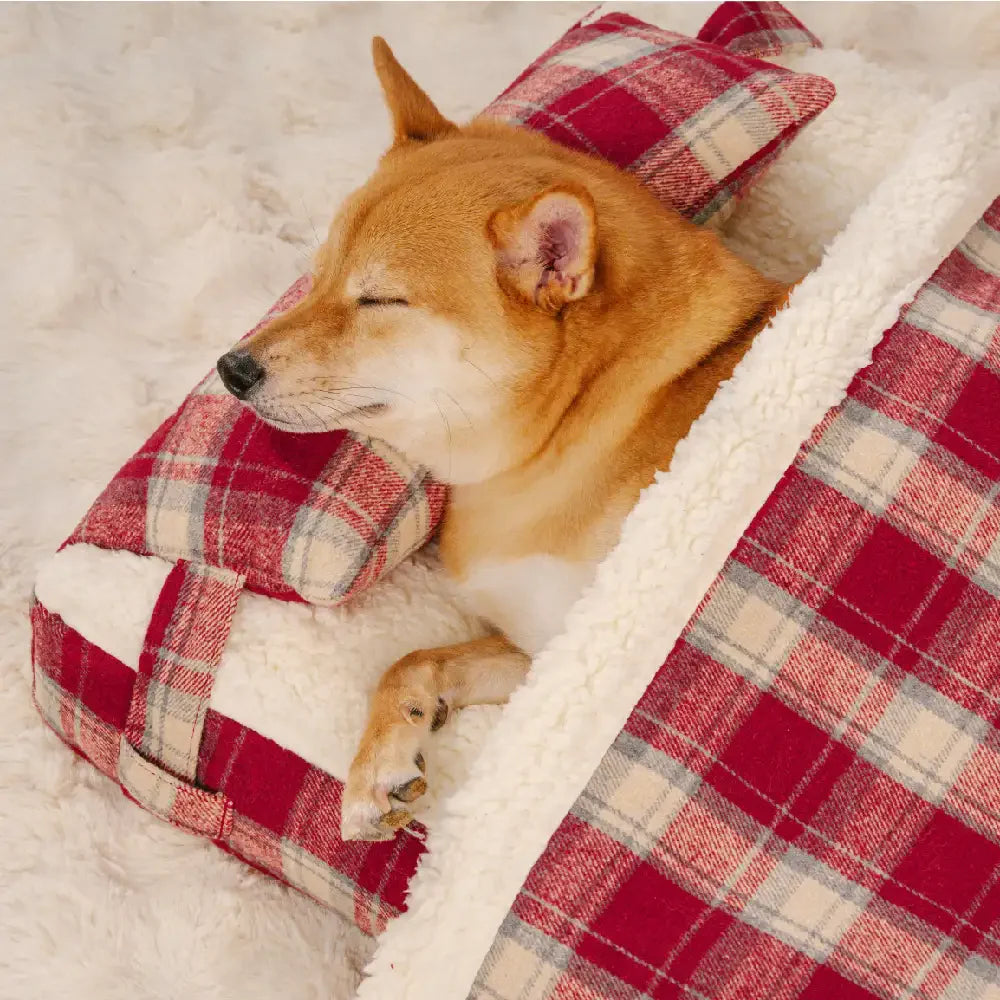 Vintage Plaid Plush Detachable Orthopedic Dog Bed with Pillow - Puppy Snug