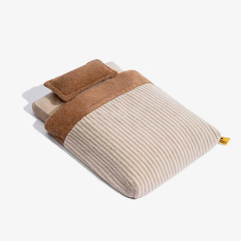 Plush Striped Cave Covered Orthopedic Dog Bed With Pillow - FluffyWarm