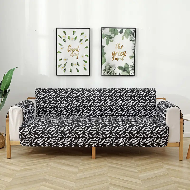 Leaf Print Quilted One-Piece Couch Cover with Non-Slip Elastic Straps