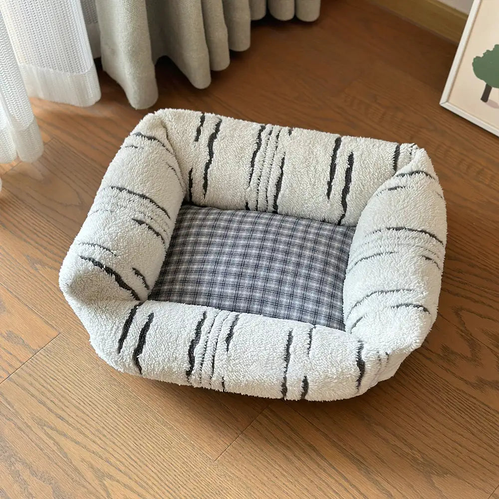 Modern Plaid Plush Thickened Square Calming Dog Bed